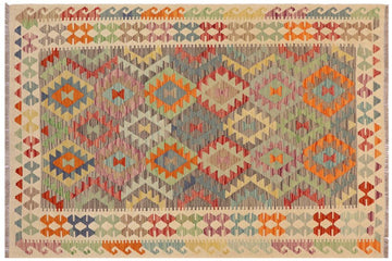 Flat Weave Kilim, Antique, Navaho, Vintage, Handmade, Geometric Kilim Gray Beige Hand-Woven Rectangle 100% Wool Area Rug 5 x 6